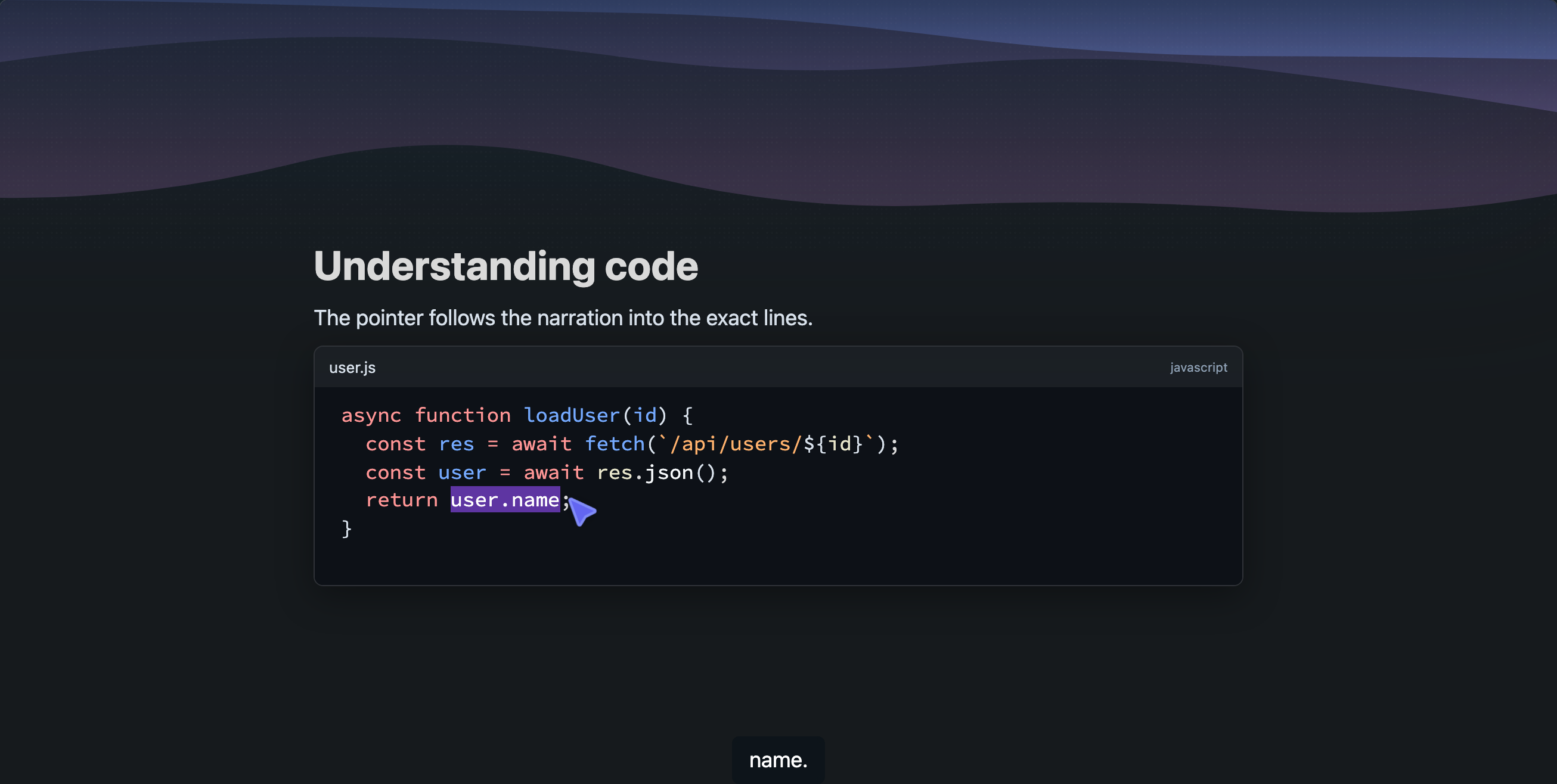 A code slide: syntax-highlighted JavaScript with filename and language