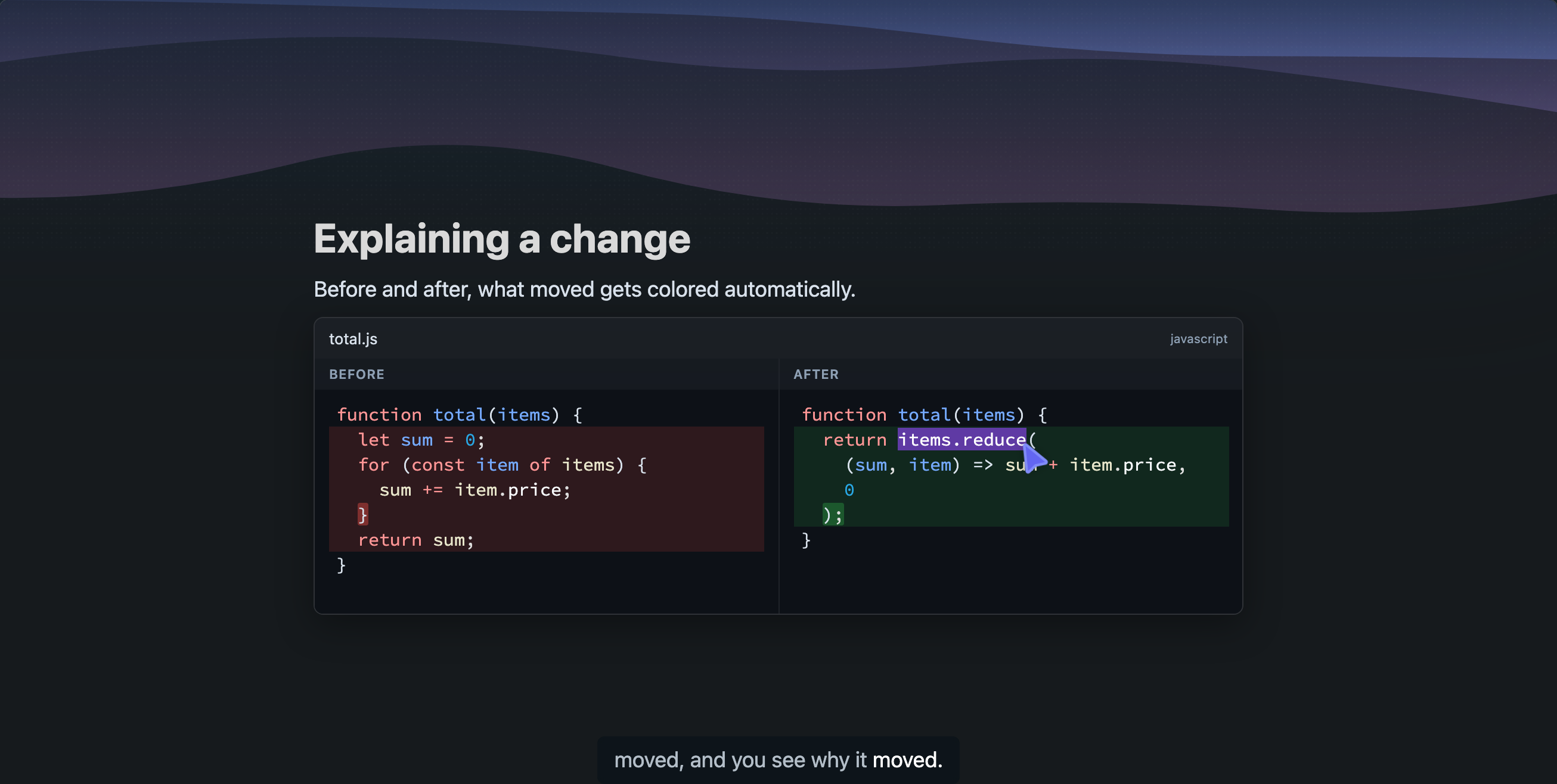 A diff slide: before and after versions with changed lines colored