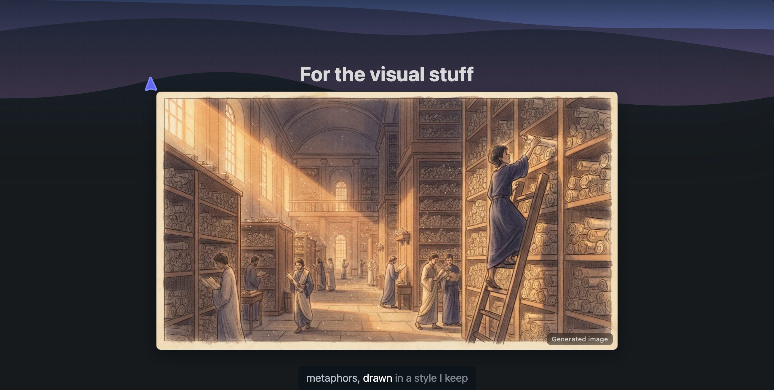 An image slide: a hand-drawn illustration of the Library of Alexandria
