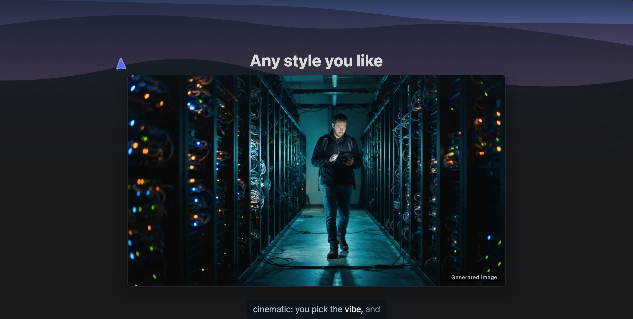 An image slide in a different style: a photographic server room at night