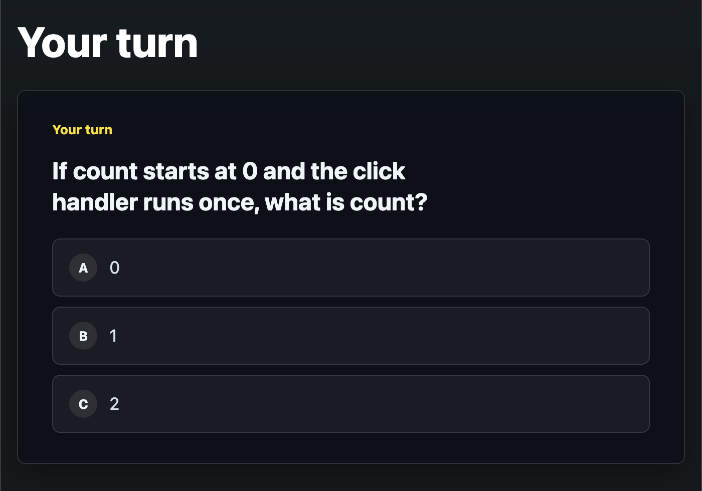 A quiz slide: a multiple-choice question answered in place